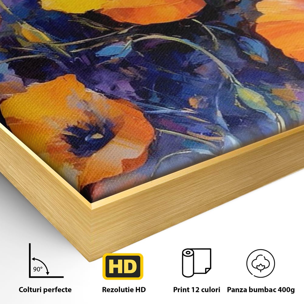 Detaliu al suprafetei: tablou canvas cu maci portocalii, in rama de aluminiu auriu