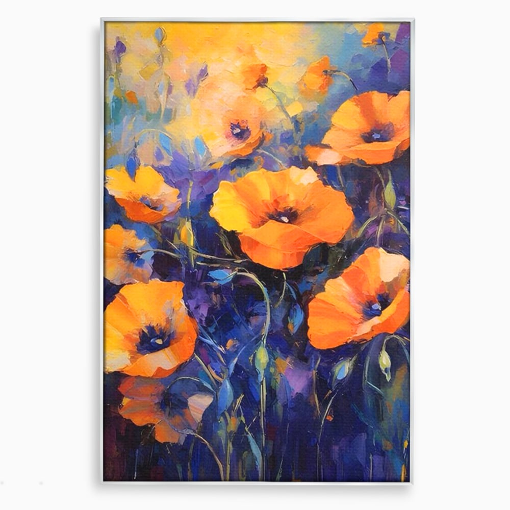 Tablou canvas cu tablou canvas cu maci portocalii, in rama de aluminiu argintiu