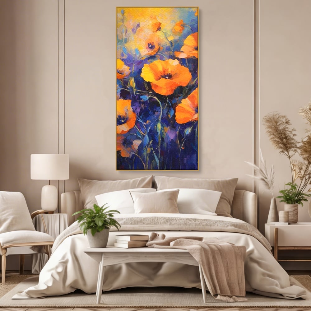 Tablou canvas cu tablou canvas cu maci portocalii, in rama de aluminiu auriu, pe perete intr-un dormitor