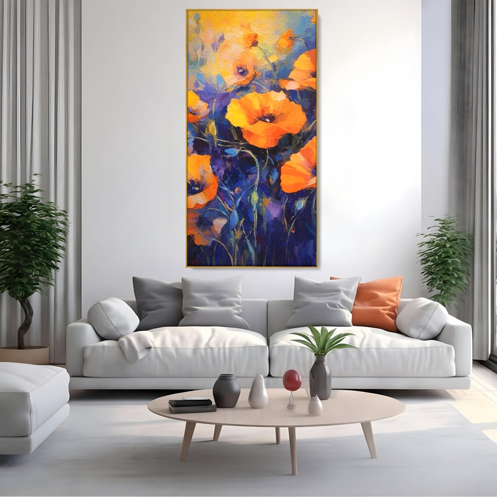 Tablou canvas cu tablou canvas cu maci portocalii, in rama de aluminiu auriu, pe perete intr-un living