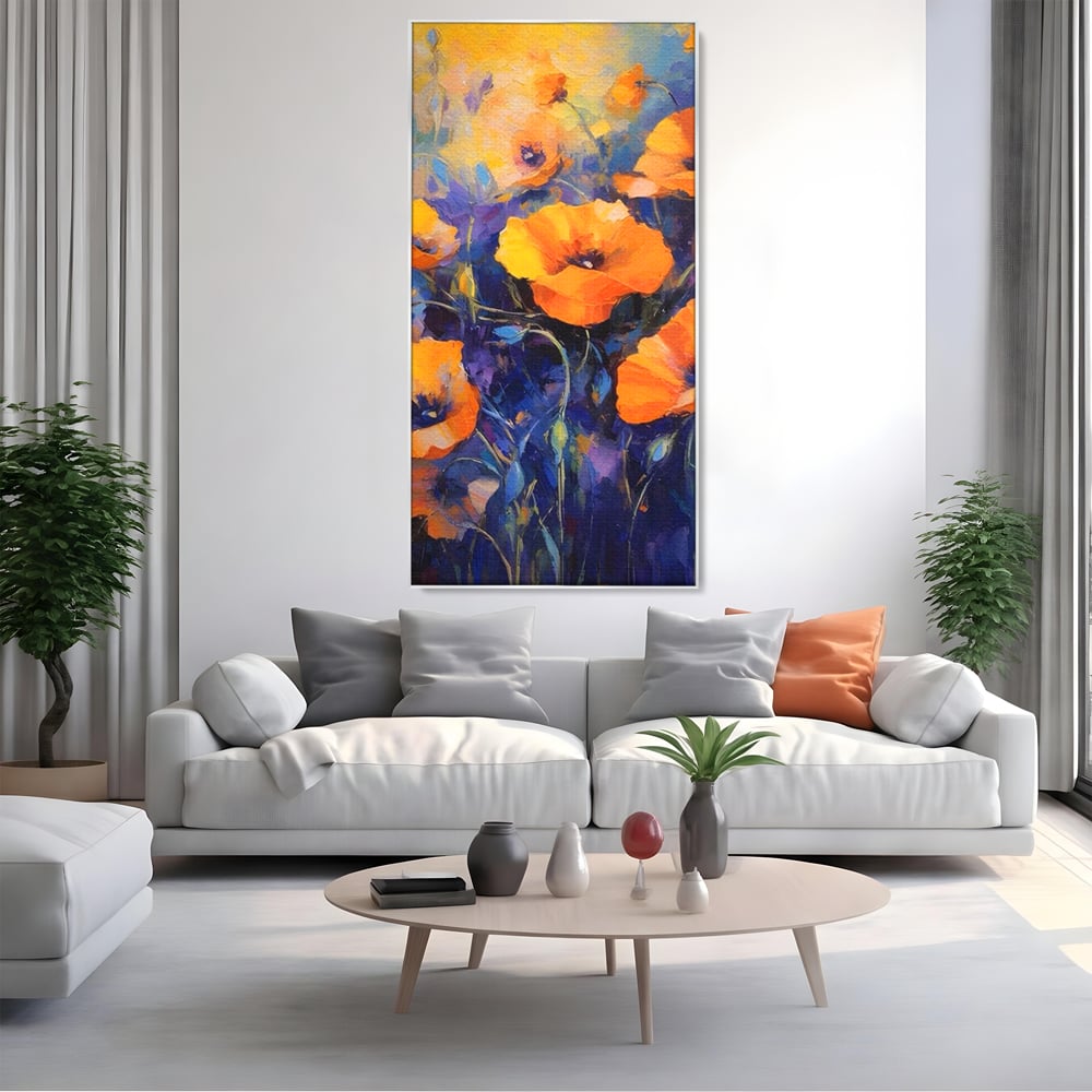 Tablou canvas cu tablou canvas cu maci portocalii, in rama de aluminiu argintiu, pe perete intr-un living