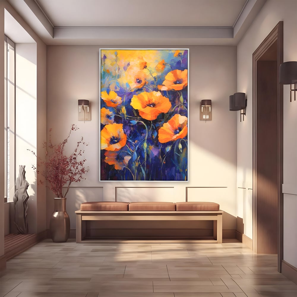 Tablou canvas cu tablou canvas cu maci portocalii, in rama de aluminiu argintiu