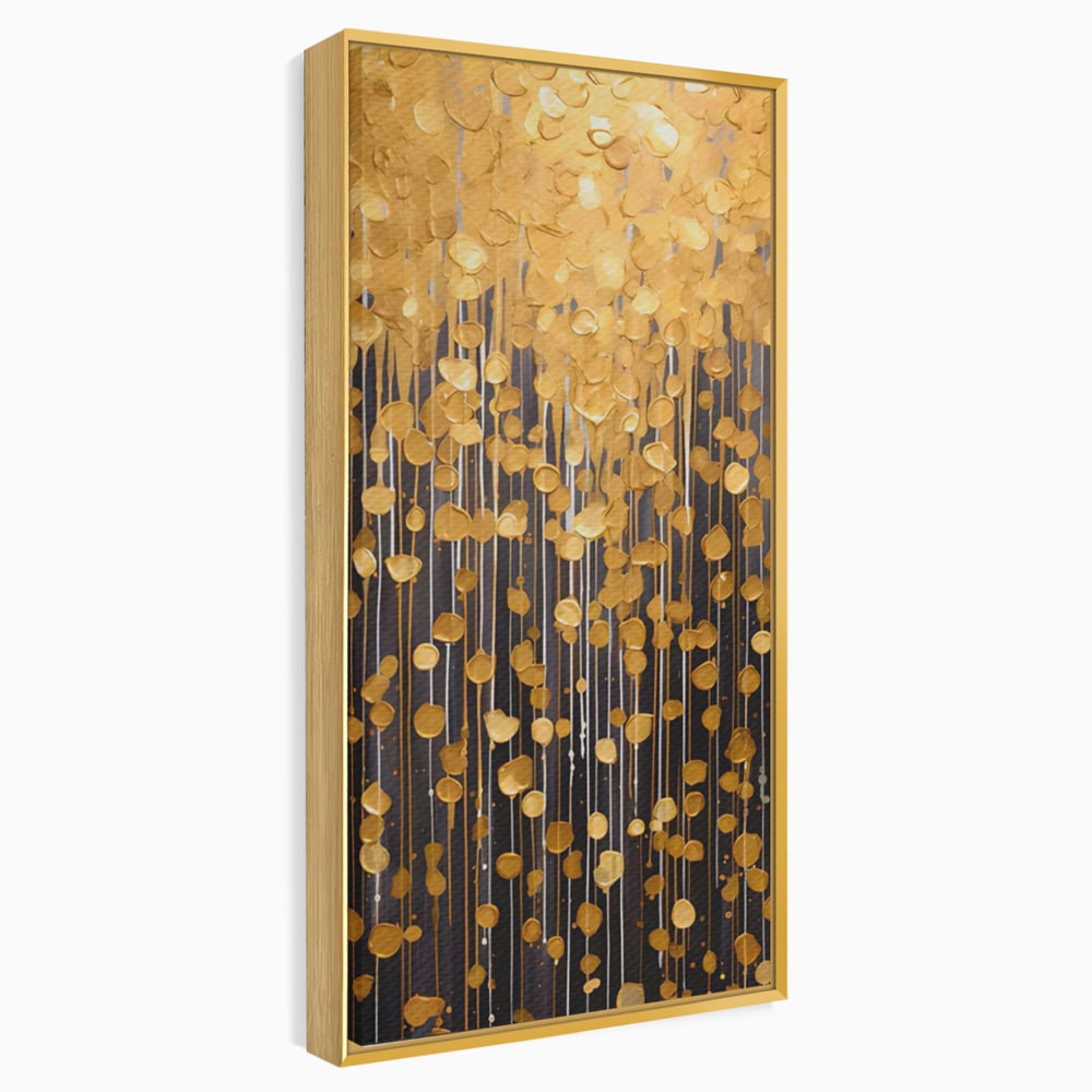 Tablou canvas cu pictura abstracta cu picaturi aurii, in rama de aluminiu auriu