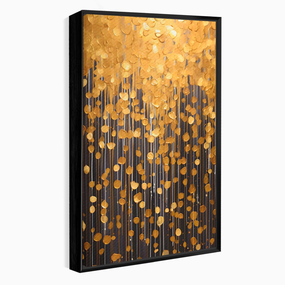 Tablou canvas cu pictura abstracta cu picaturi aurii, in rama de aluminiu negru