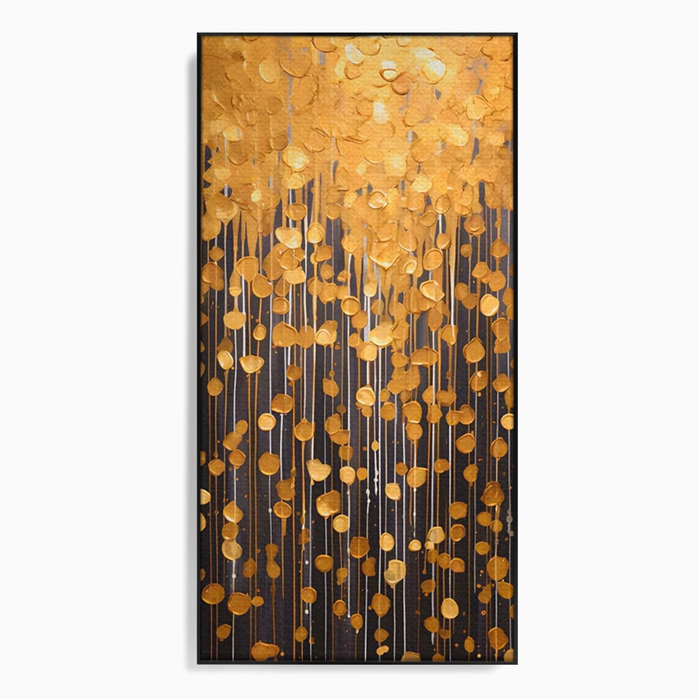 Tablou canvas cu pictura abstracta cu picaturi aurii, in rama de aluminiu negru