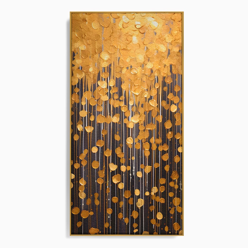 Tablou canvas cu pictura abstracta cu picaturi aurii, in rama de aluminiu auriu