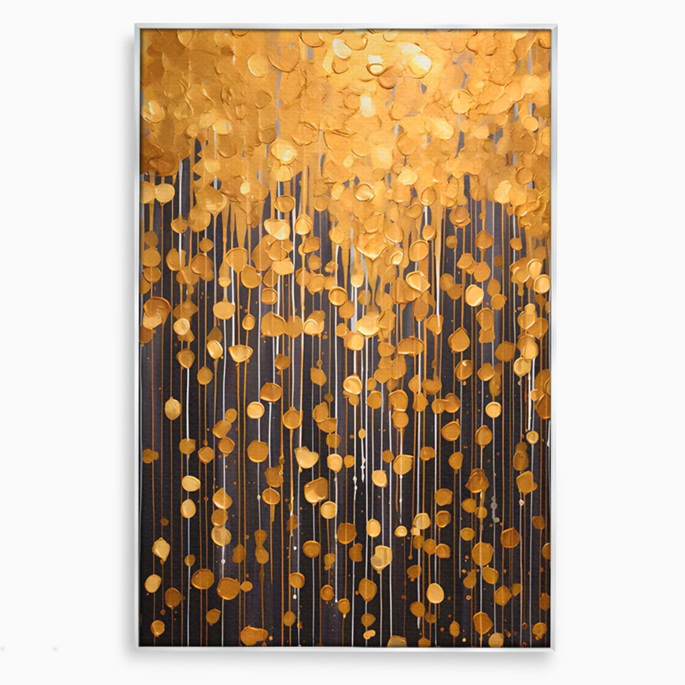 Tablou canvas cu pictura abstracta cu picaturi aurii, in rama de aluminiu argintiu