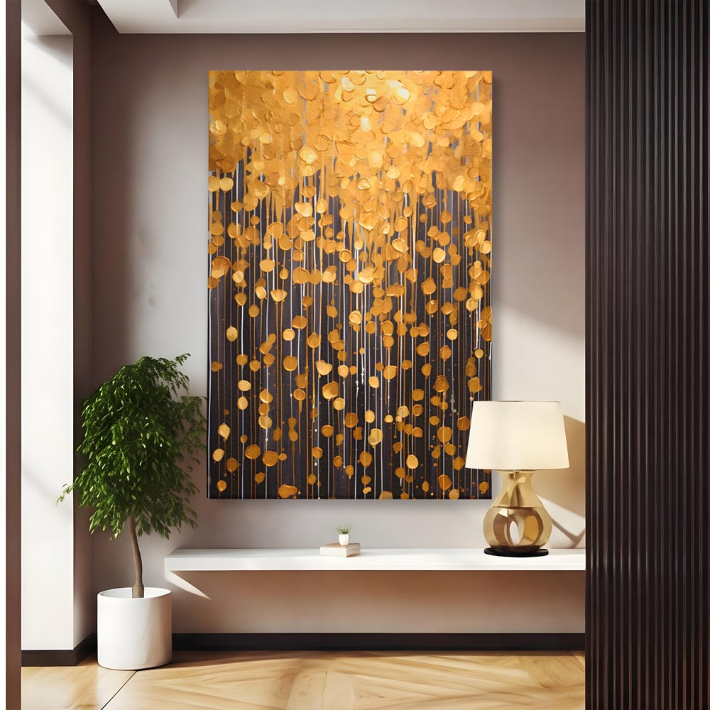 Tablou canvas cu pictura abstracta cu picaturi aurii, fara rama, pe sasiu de lemn