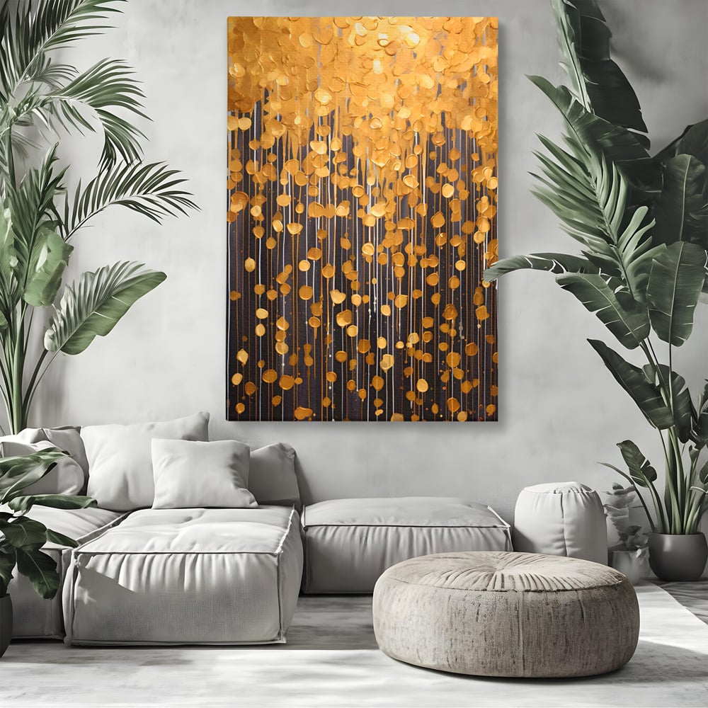 Tablou canvas cu pictura abstracta cu picaturi aurii, fara rama, pe sasiu de lemn, pe perete intr-un living