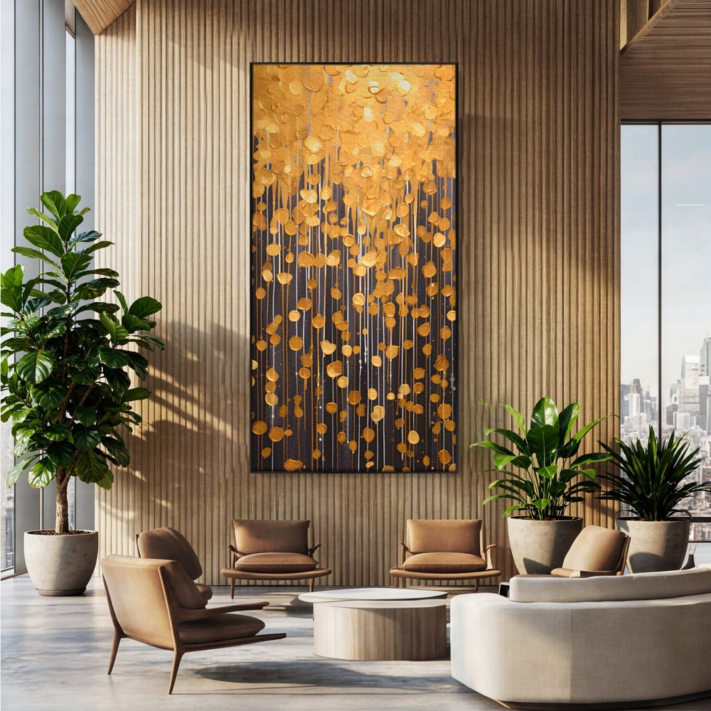Tablou canvas cu pictura abstracta cu picaturi aurii, in rama de aluminiu negru, pe perete intr-un birou