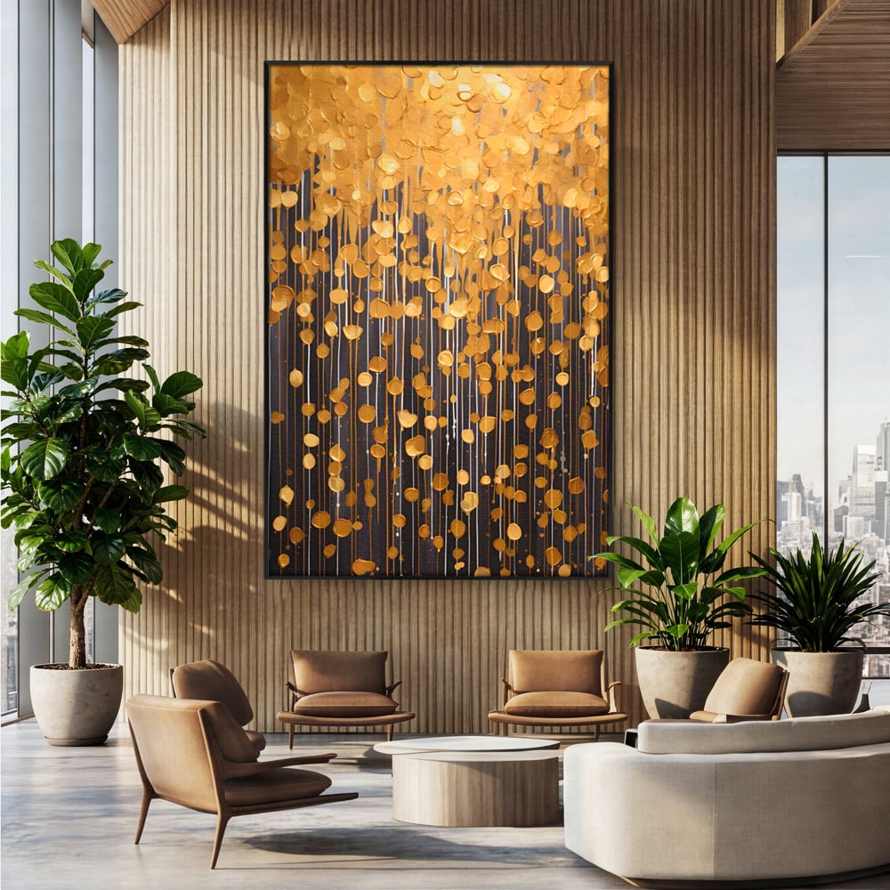 Tablou canvas cu pictura abstracta cu picaturi aurii, in rama de aluminiu negru, pe perete intr-un birou