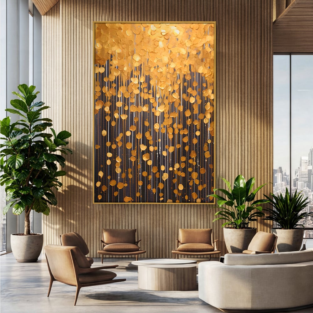 Tablou canvas cu pictura abstracta cu picaturi aurii, in rama de aluminiu auriu, pe perete intr-un birou