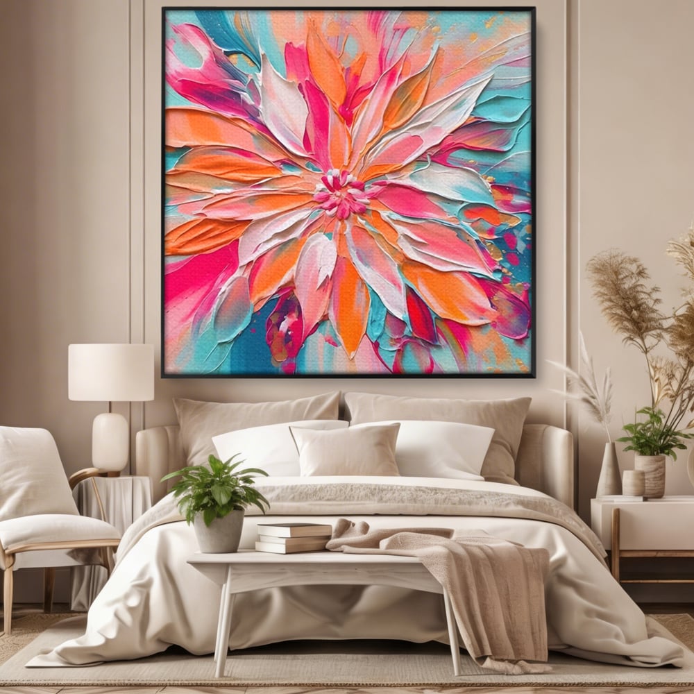 Tablou canvas cu pictura cu floare texturata in relief, in rama de aluminiu negru, pe perete intr-un dormitor