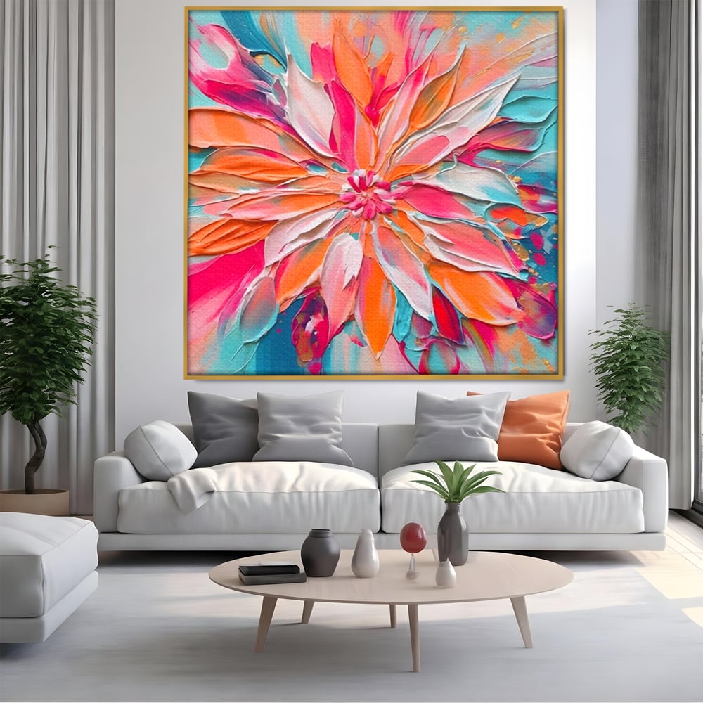 Tablou canvas cu pictura cu floare texturata in relief, in rama de aluminiu auriu, pe perete intr-un living