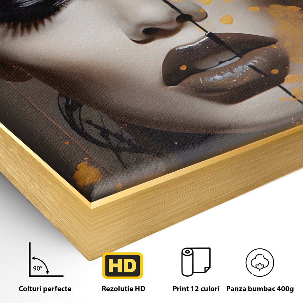 Detaliu al suprafetei: tablou canvas cu portret de femeie si fluturi, in rama de aluminiu auriu