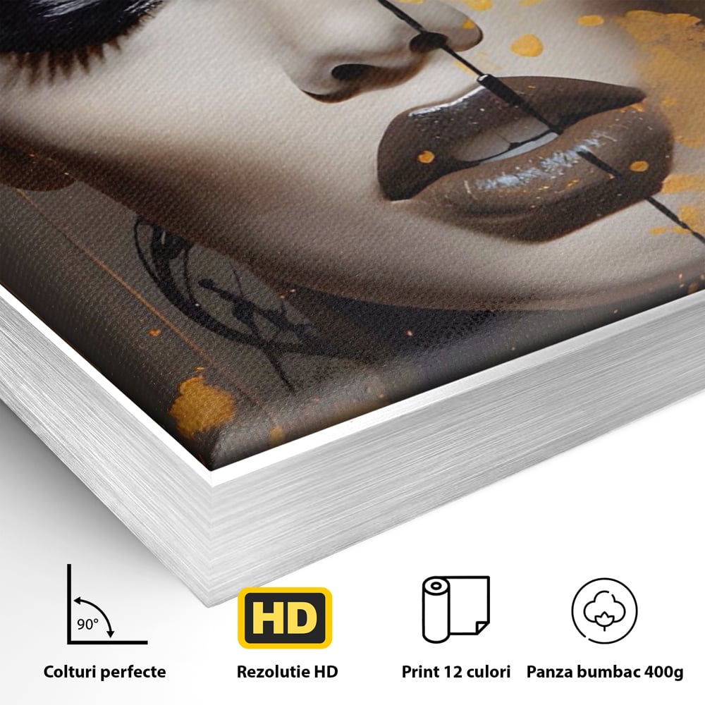 Detaliu al suprafetei: tablou canvas cu portret de femeie si fluturi, in rama de aluminiu argintiu