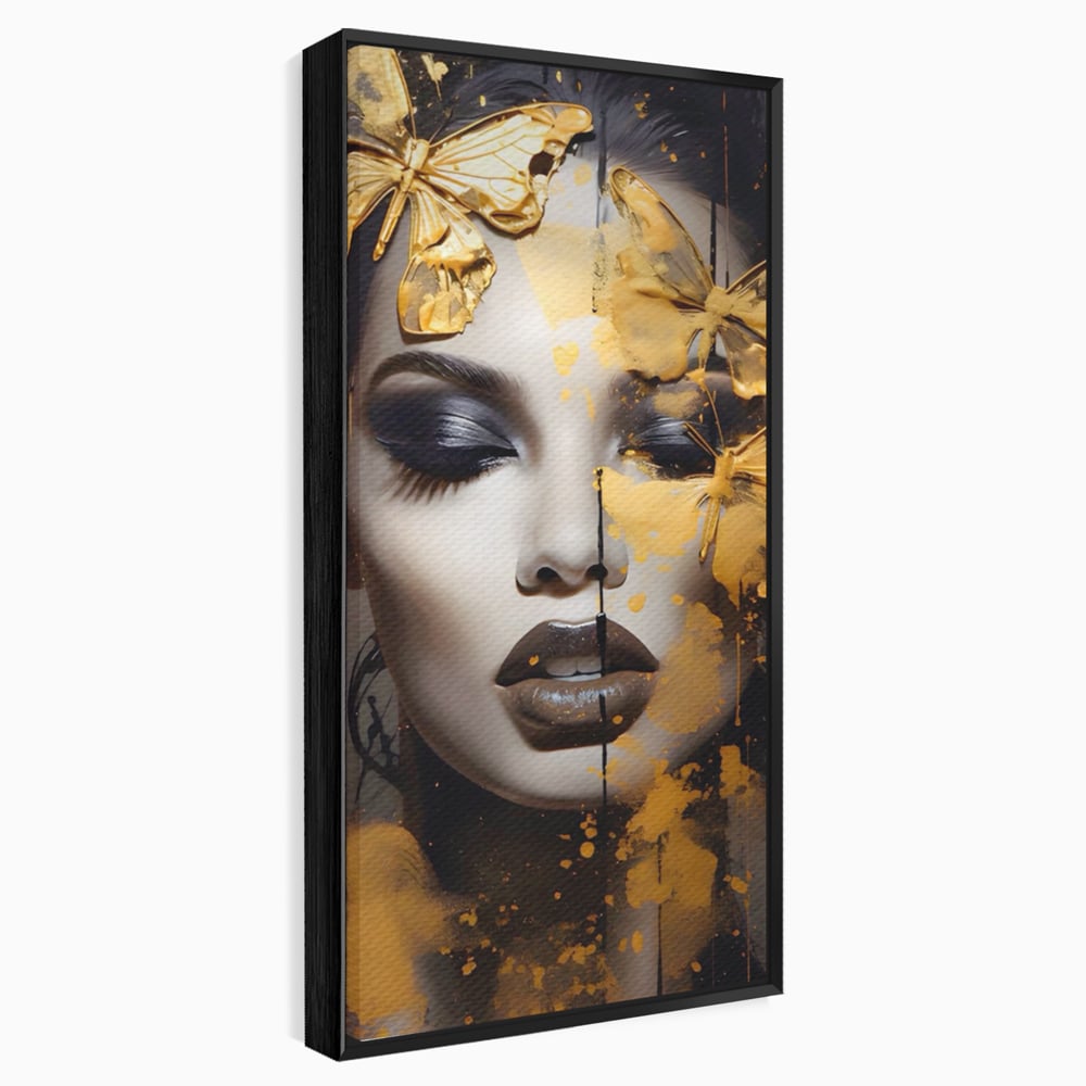 Tablou canvas cu tablou canvas cu portret de femeie si fluturi, in rama de aluminiu negru