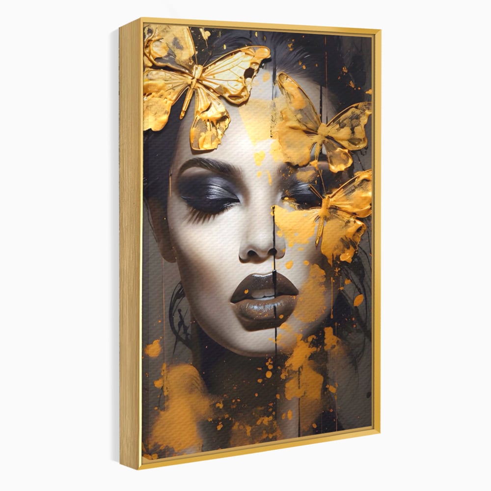 Tablou canvas cu tablou canvas cu portret de femeie si fluturi, in rama de aluminiu auriu
