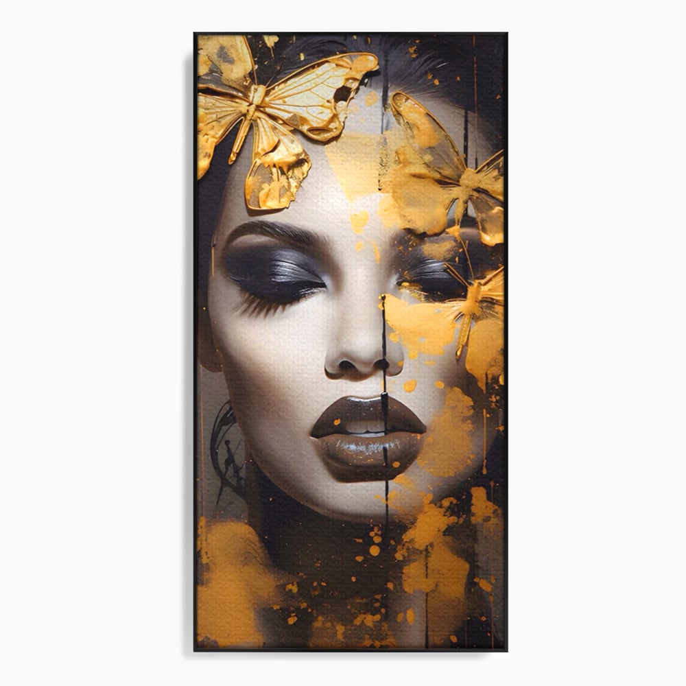 Tablou canvas cu tablou canvas cu portret de femeie si fluturi, in rama de aluminiu negru