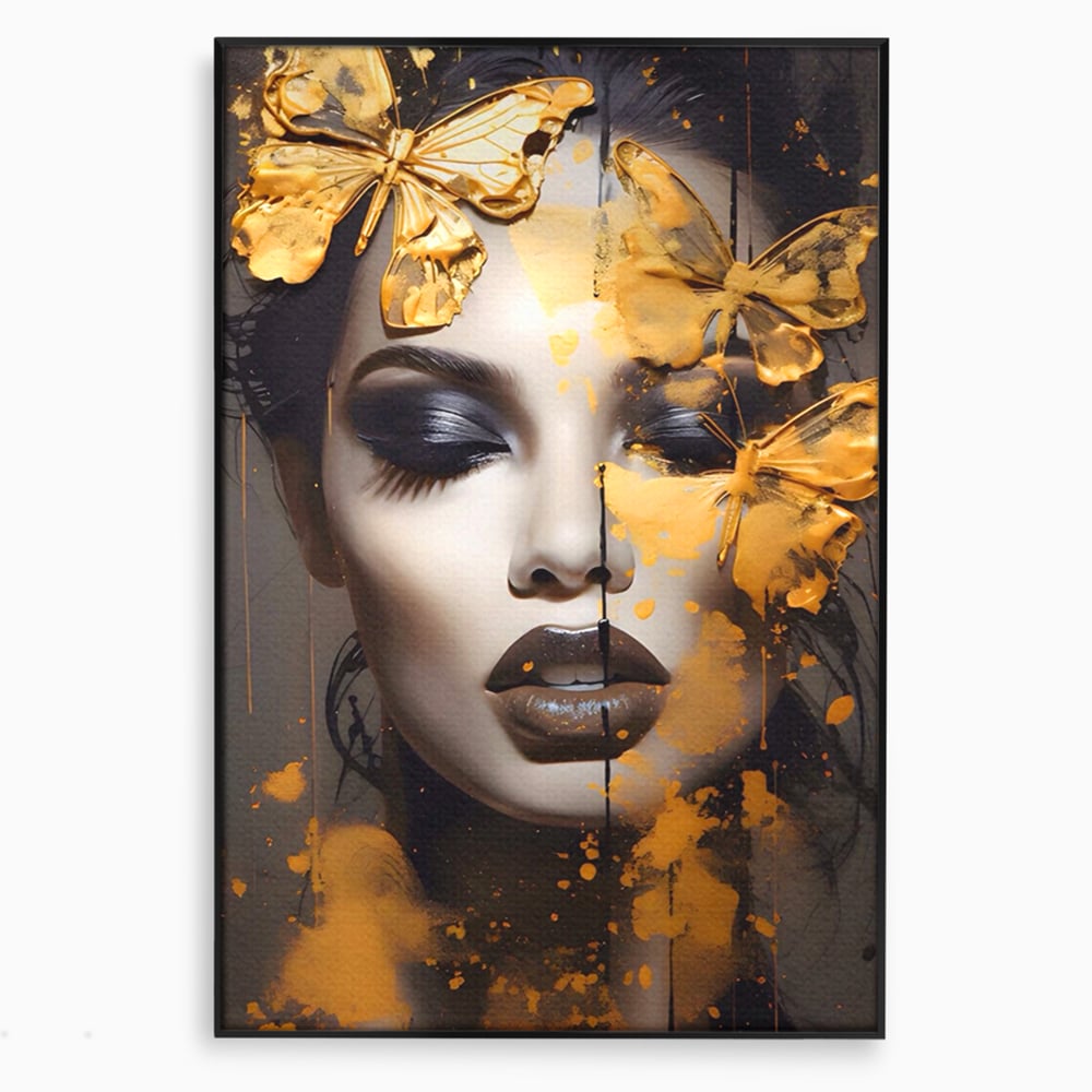 Tablou canvas cu tablou canvas cu portret de femeie si fluturi, in rama de aluminiu negru