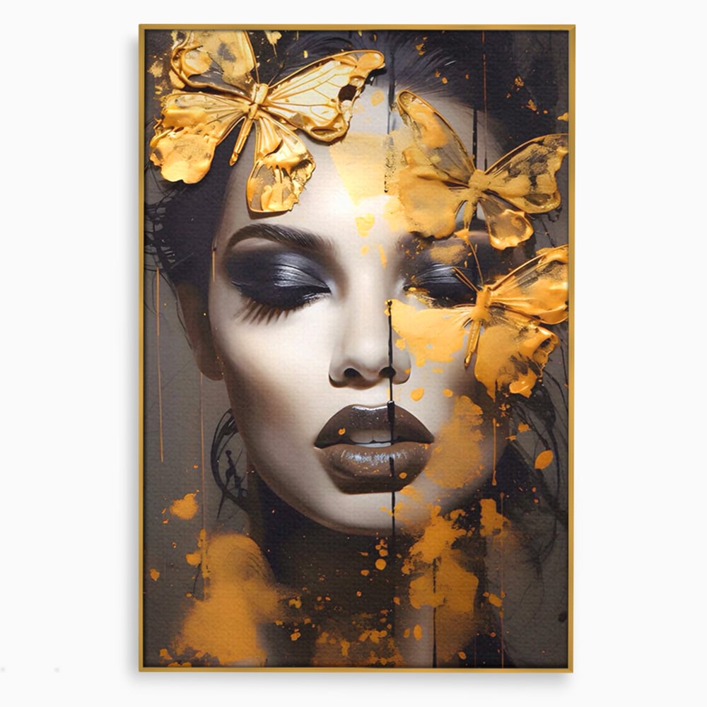 Tablou canvas cu tablou canvas cu portret de femeie si fluturi, in rama de aluminiu auriu