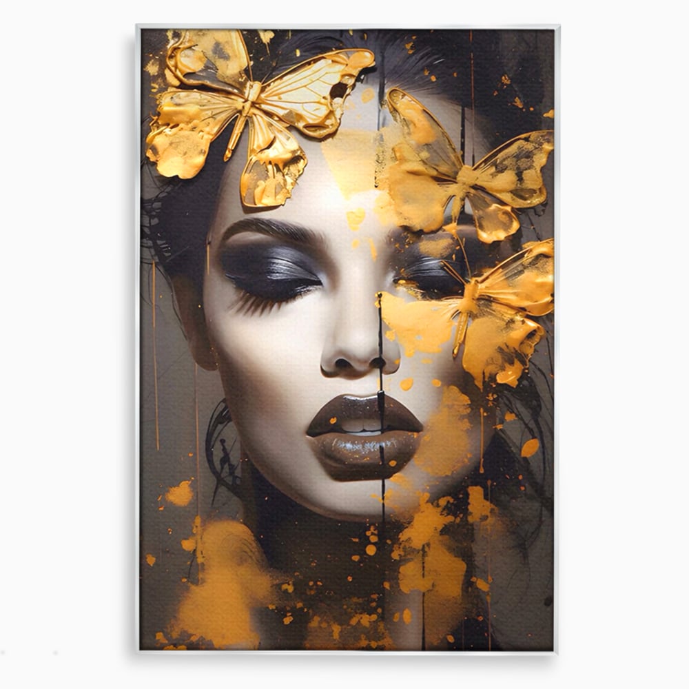 Tablou canvas cu tablou canvas cu portret de femeie si fluturi, in rama de aluminiu argintiu