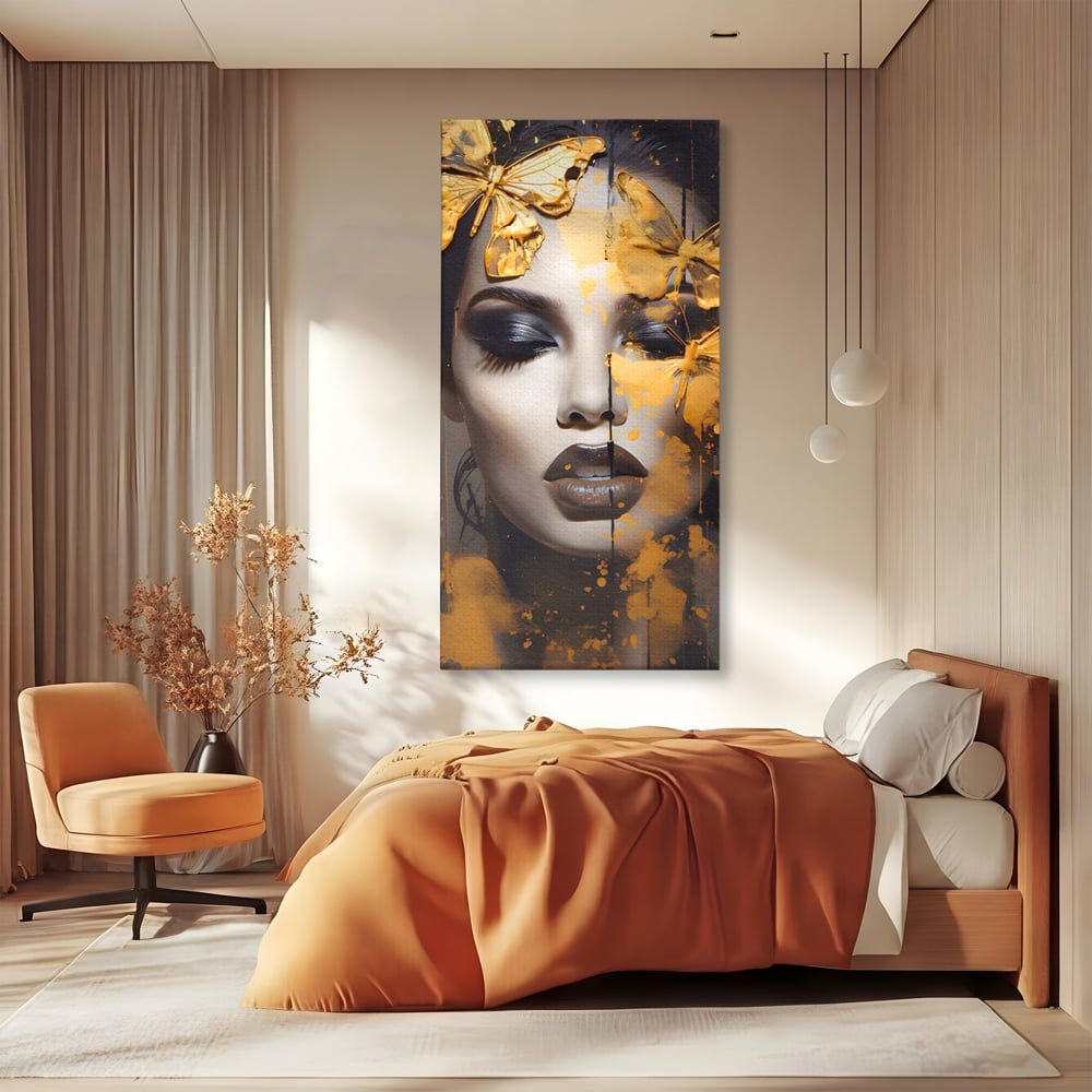 Tablou canvas cu tablou canvas cu portret de femeie si fluturi, fara rama, pe sasiu de lemn, pe perete intr-un dormitor