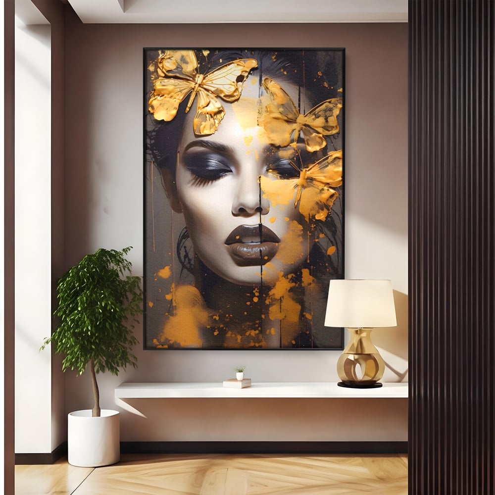 Tablou canvas cu tablou canvas cu portret de femeie si fluturi, in rama de aluminiu negru