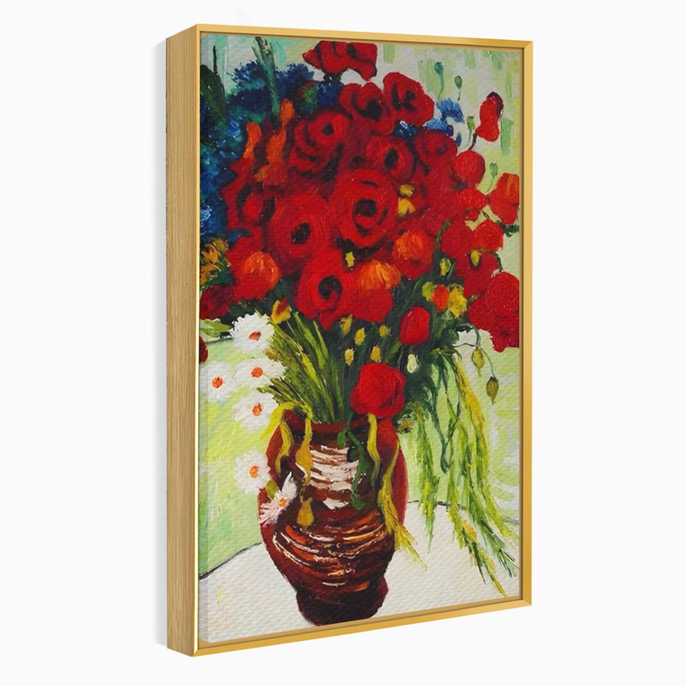 Tablou canvas cu pictura cu vaza plina de maci, in rama de aluminiu auriu