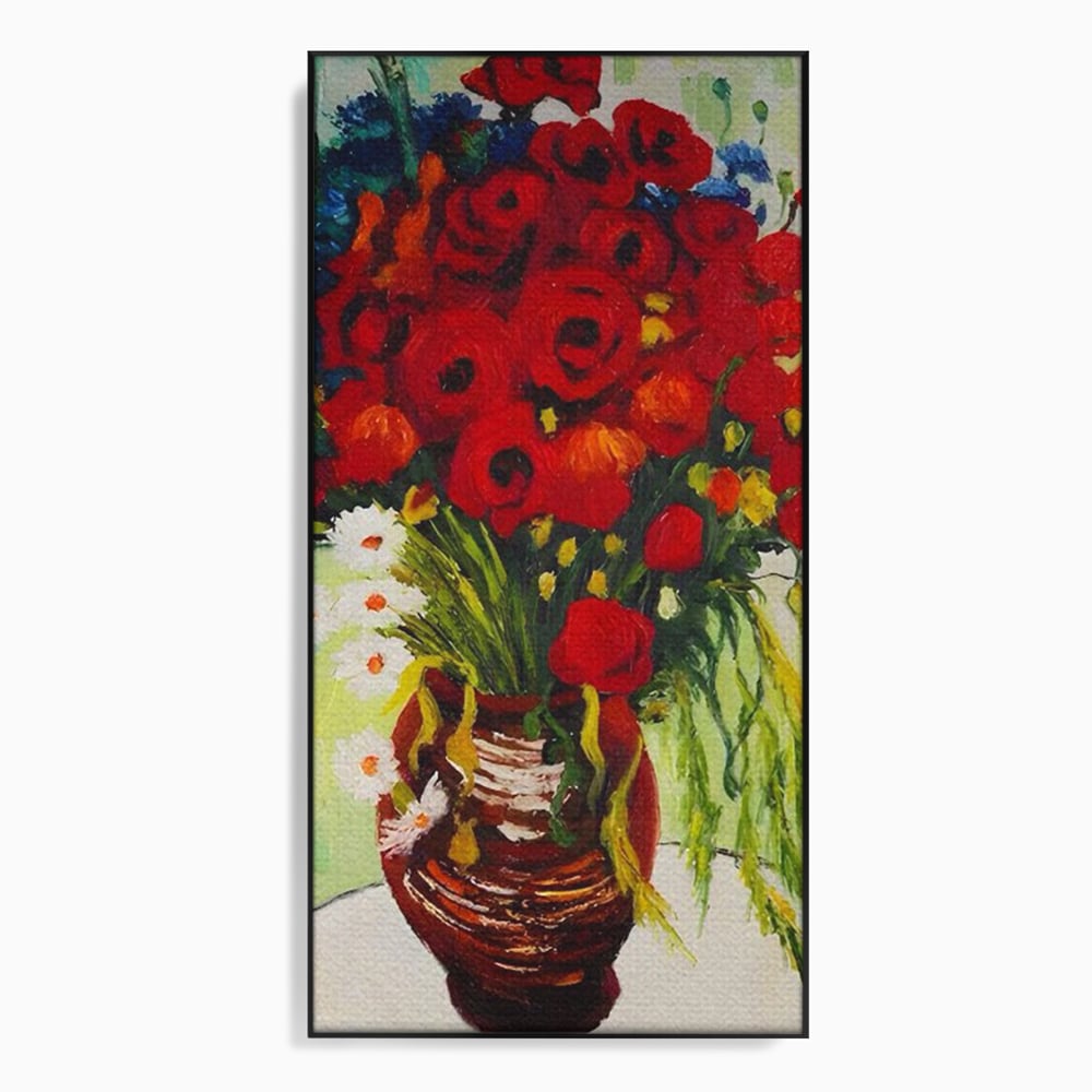 Tablou canvas cu pictura cu vaza plina de maci, in rama de aluminiu negru