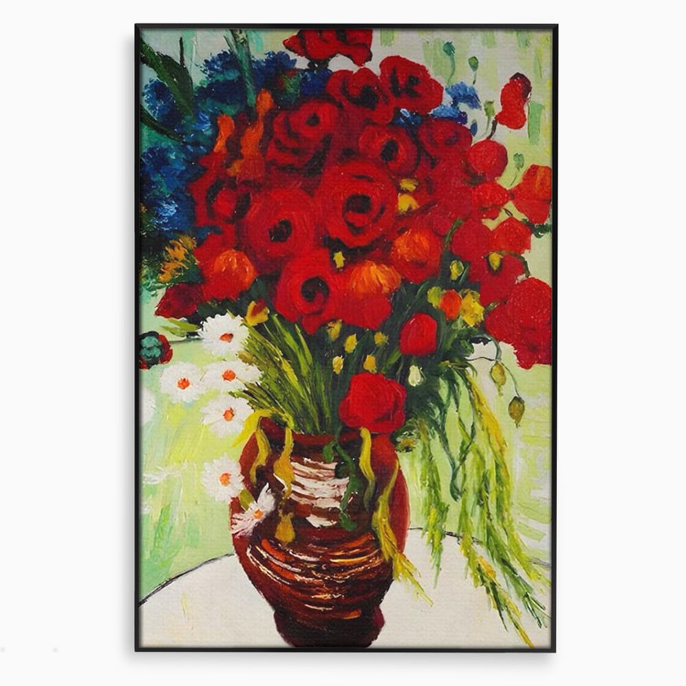 Tablou canvas cu pictura cu vaza plina de maci, in rama de aluminiu negru