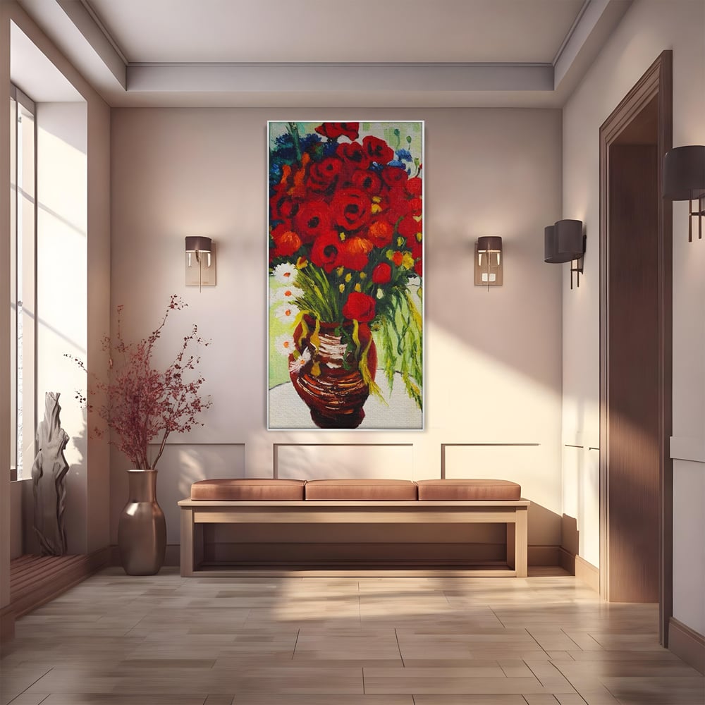 Tablou canvas cu pictura cu vaza plina de maci, in rama de aluminiu argintiu