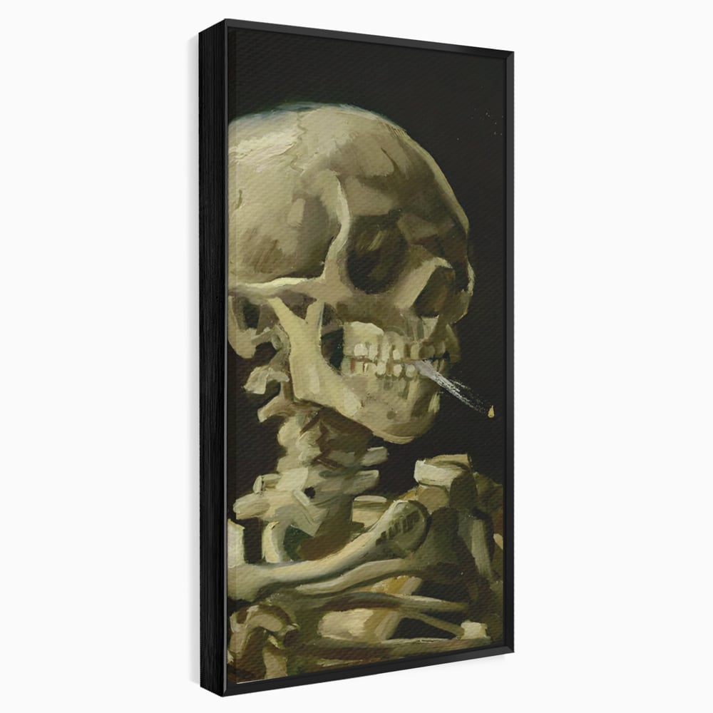 Tablou canvas cu pictura cu schelet care fumeaza, in rama de aluminiu negru