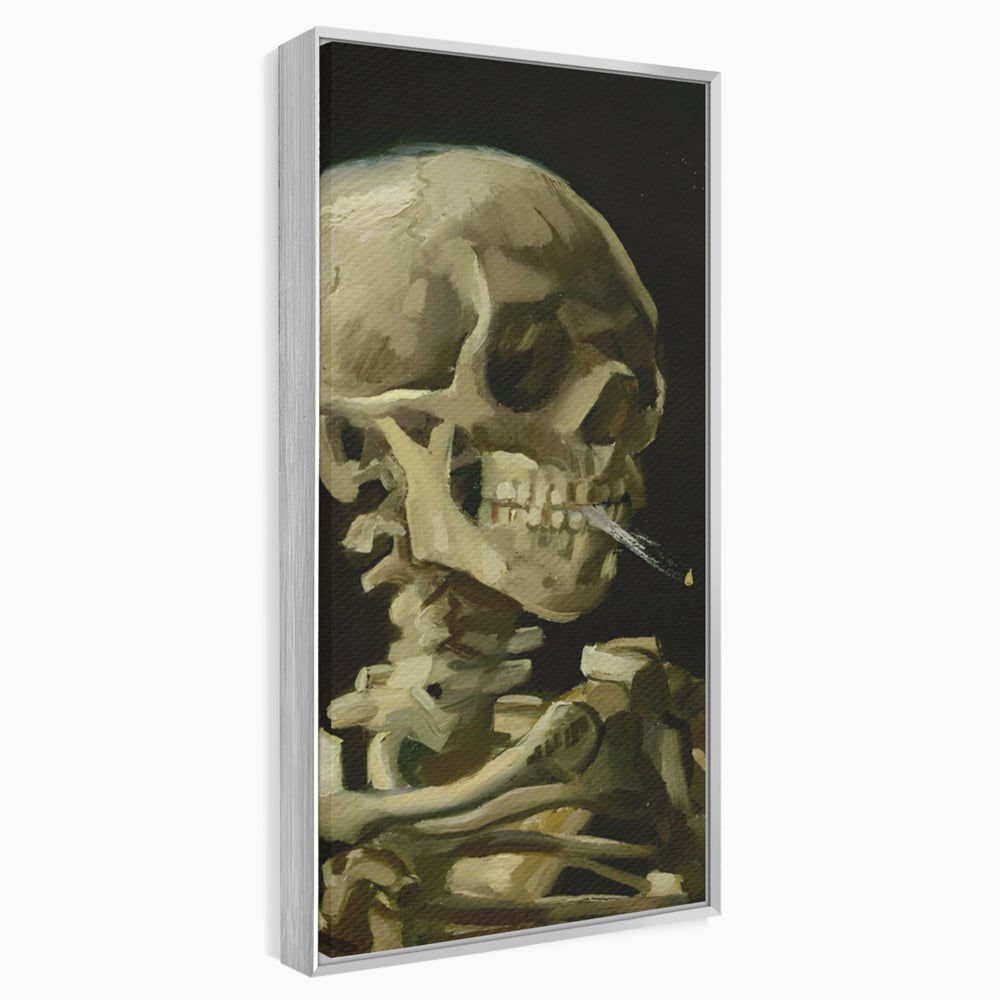 Tablou canvas cu pictura cu schelet care fumeaza, in rama de aluminiu argintiu