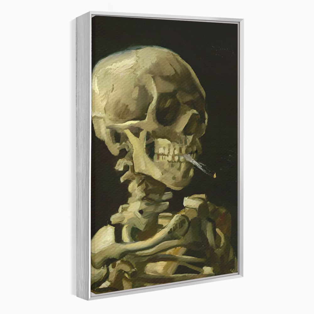 Tablou canvas cu pictura cu schelet care fumeaza, in rama de aluminiu argintiu