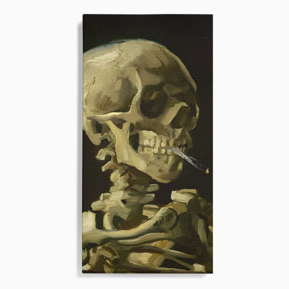 Tablou canvas cu pictura cu schelet care fumeaza, fara rama, pe sasiu de lemn