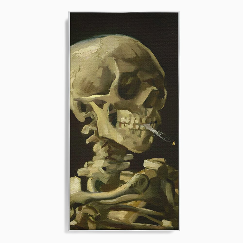Tablou canvas cu pictura cu schelet care fumeaza, in rama de aluminiu argintiu