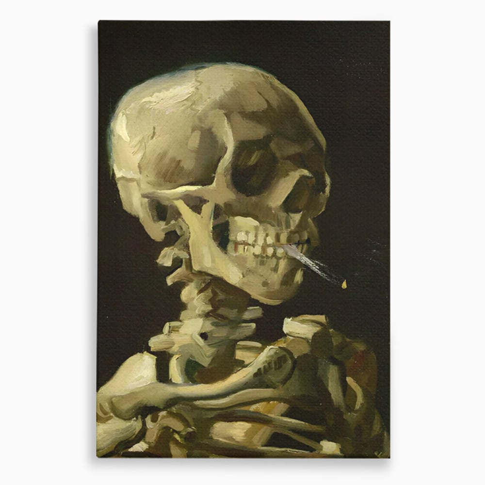 Tablou canvas cu pictura cu schelet care fumeaza, fara rama, pe sasiu de lemn