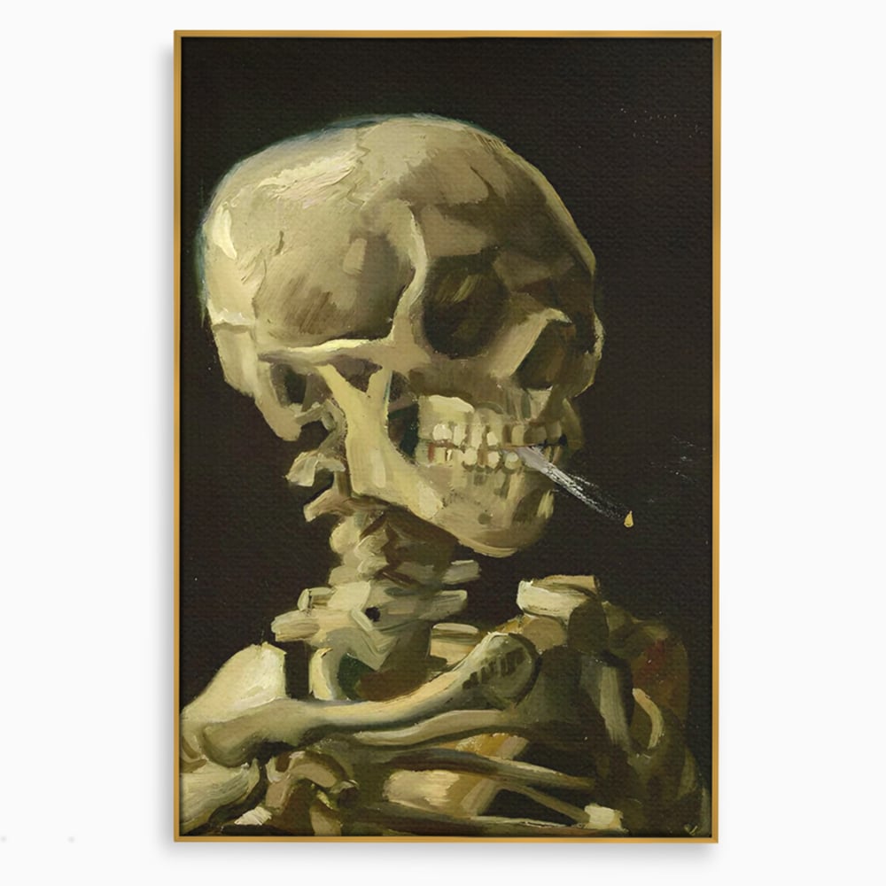 Tablou canvas cu pictura cu schelet care fumeaza, in rama de aluminiu auriu
