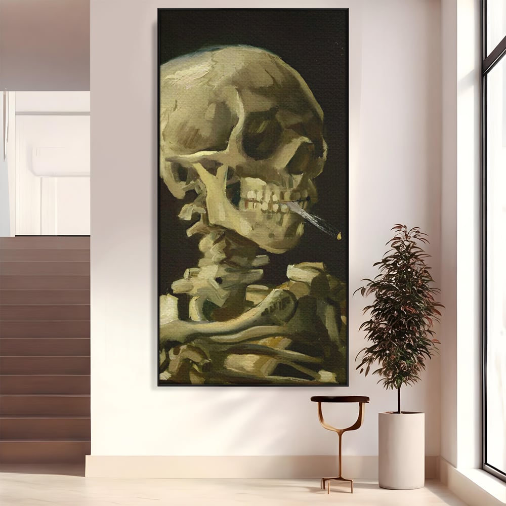 Tablou canvas cu pictura cu schelet care fumeaza, in rama de aluminiu negru