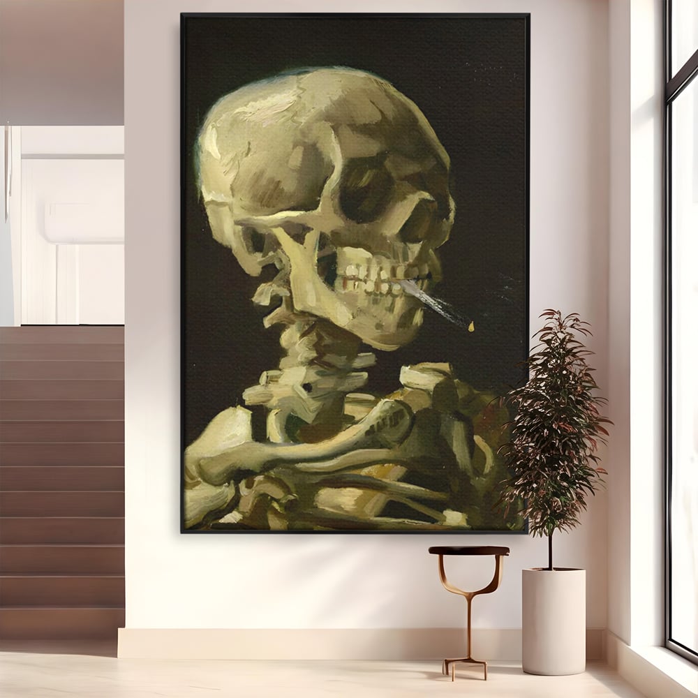 Tablou canvas cu pictura cu schelet care fumeaza, in rama de aluminiu negru