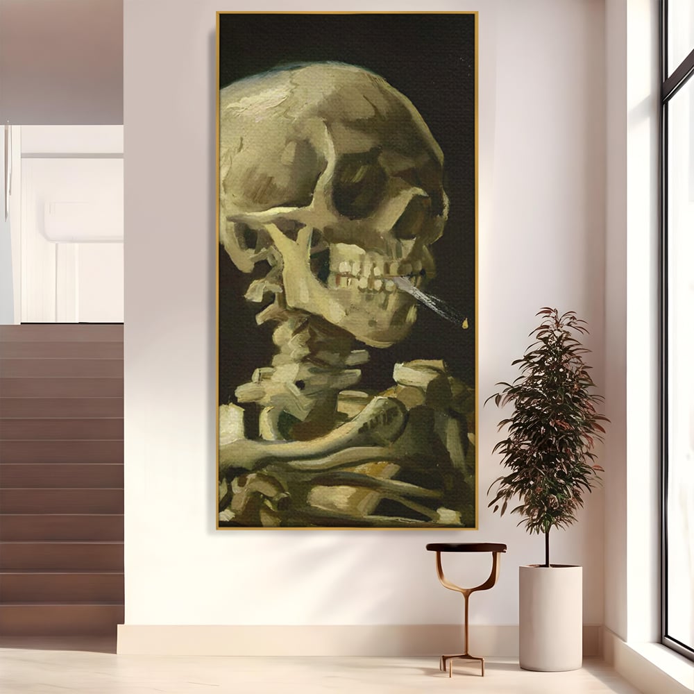 Tablou canvas cu pictura cu schelet care fumeaza, in rama de aluminiu auriu