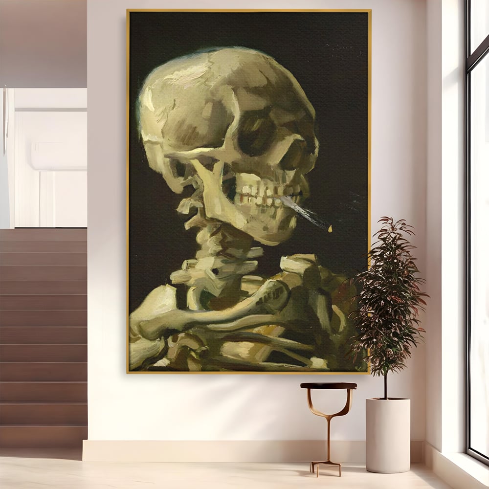 Tablou canvas cu pictura cu schelet care fumeaza, in rama de aluminiu auriu