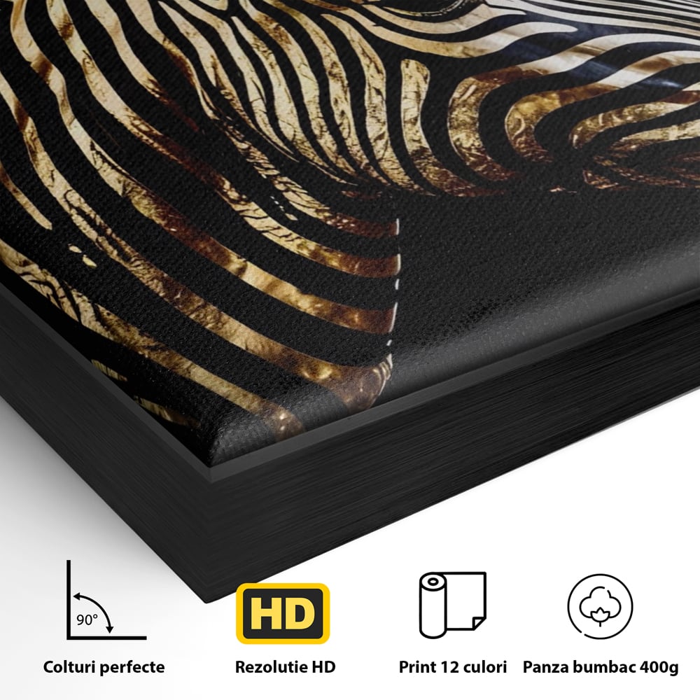Detaliu al suprafetei: tablou canvas cu cap de zebra aurie, in rama de aluminiu negru