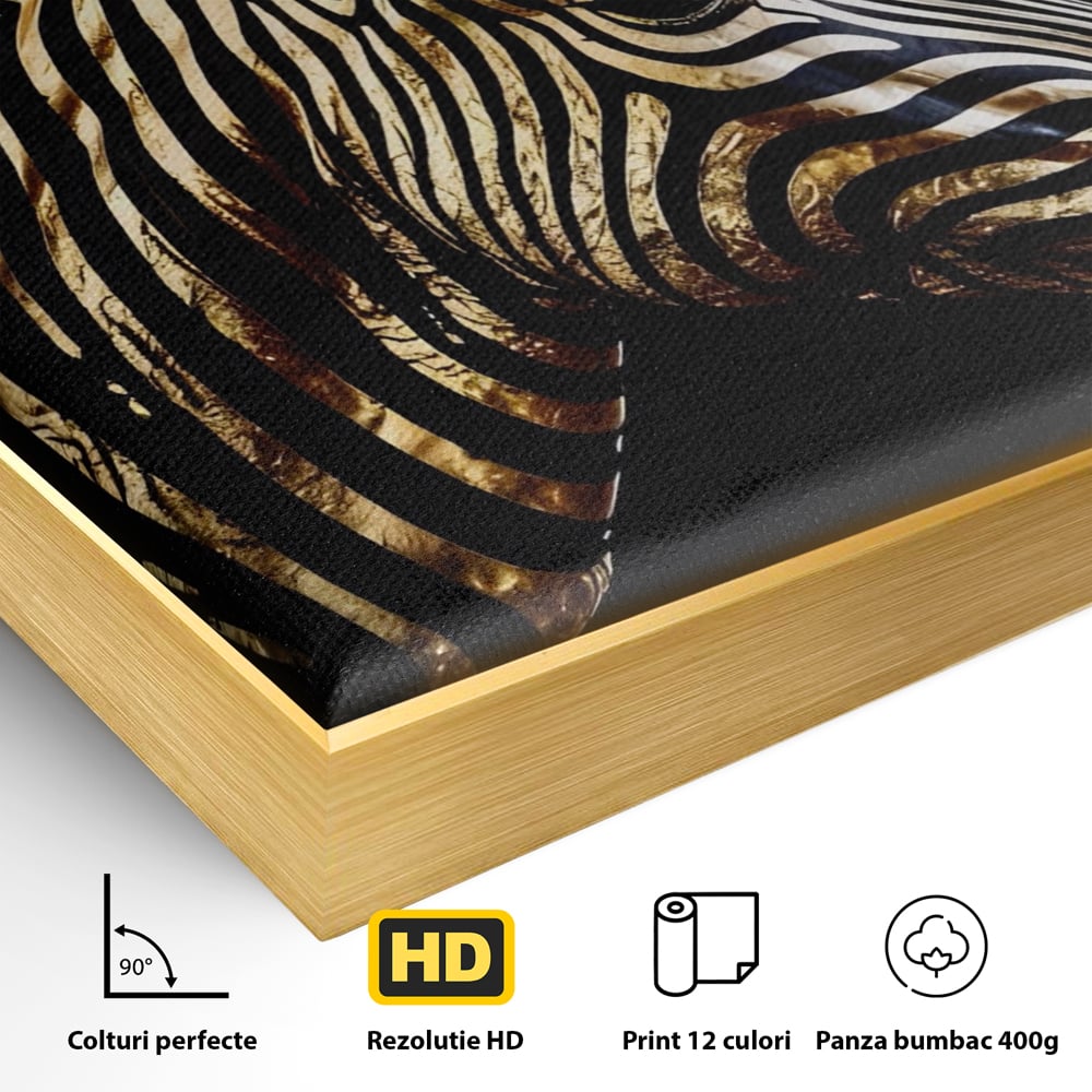 Detaliu al suprafetei: tablou canvas cu cap de zebra aurie, in rama de aluminiu auriu