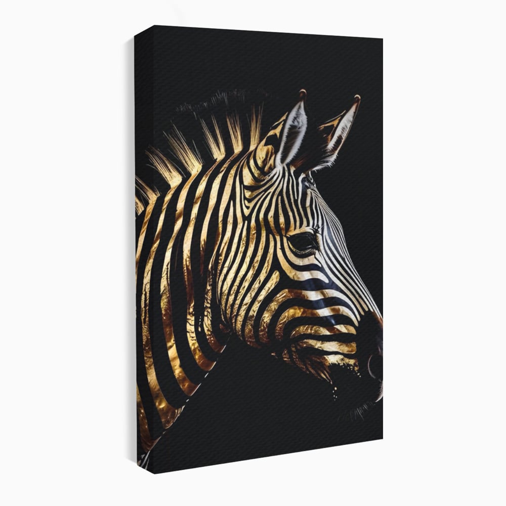 Tablou canvas cu tablou canvas cu cap de zebra aurie, fara rama, pe sasiu de lemn
