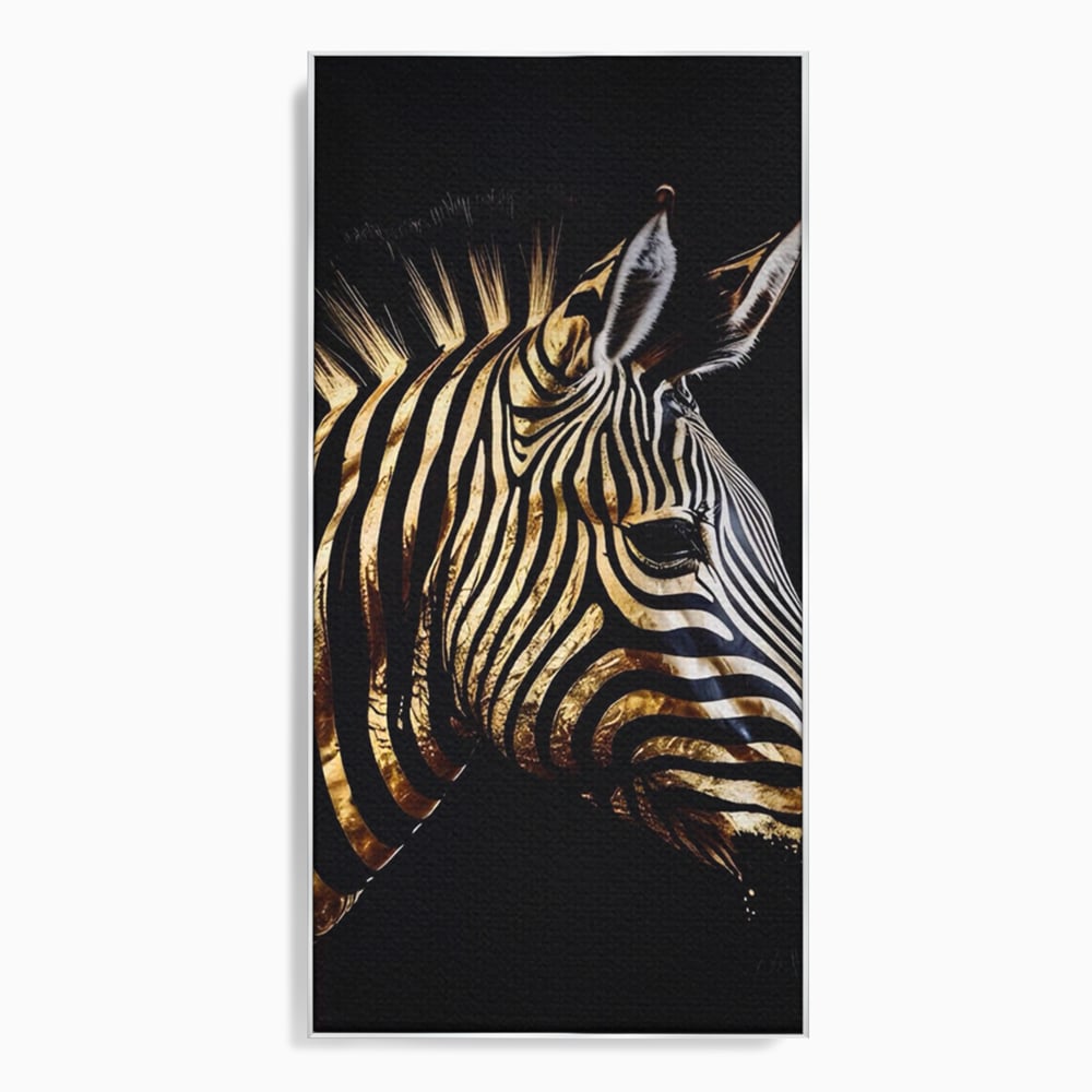 Tablou canvas cu tablou canvas cu cap de zebra aurie, in rama de aluminiu argintiu