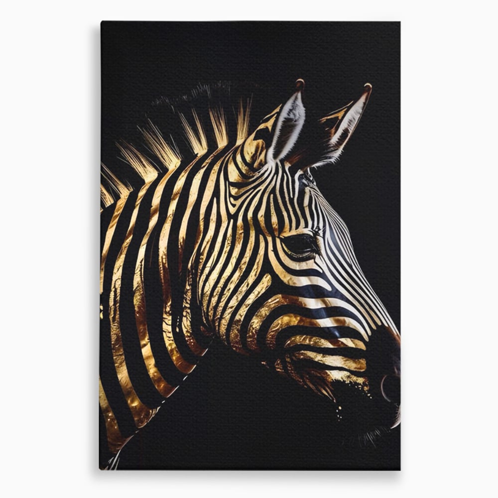 Tablou canvas cu tablou canvas cu cap de zebra aurie, fara rama, pe sasiu de lemn