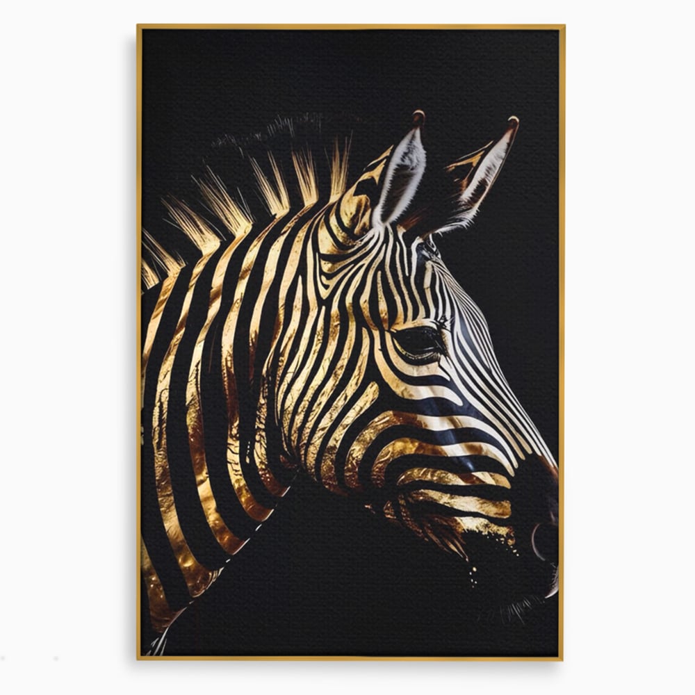 Tablou canvas cu tablou canvas cu cap de zebra aurie, in rama de aluminiu auriu