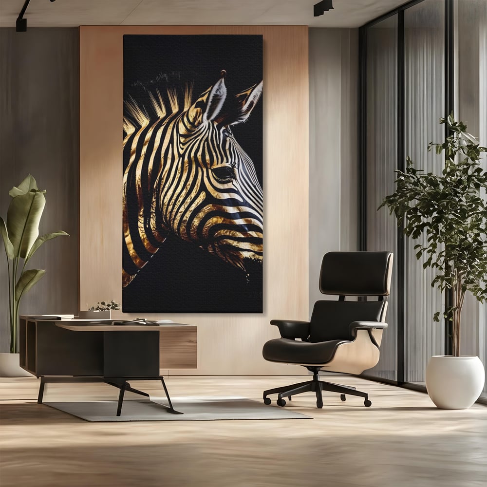 Tablou canvas cu tablou canvas cu cap de zebra aurie, fara rama, pe sasiu de lemn, pe perete intr-un birou